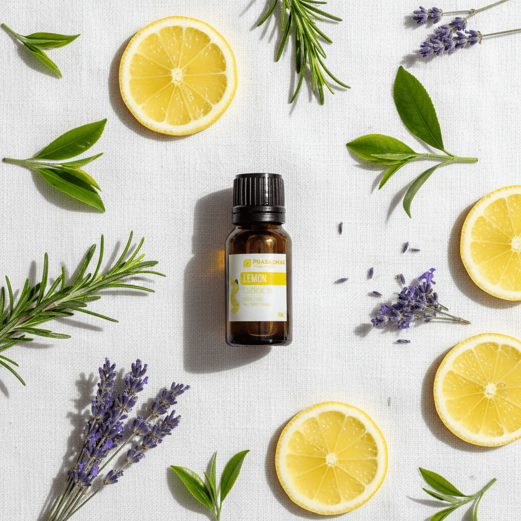 An amber glass essential oil bottle labeled 'lemon' by the brand 'Prasadhak' is centered in a flat-lay composition on a white textured fabric, surrounded by fresh lemon slices, rosemary sprigs, and lavender buds.