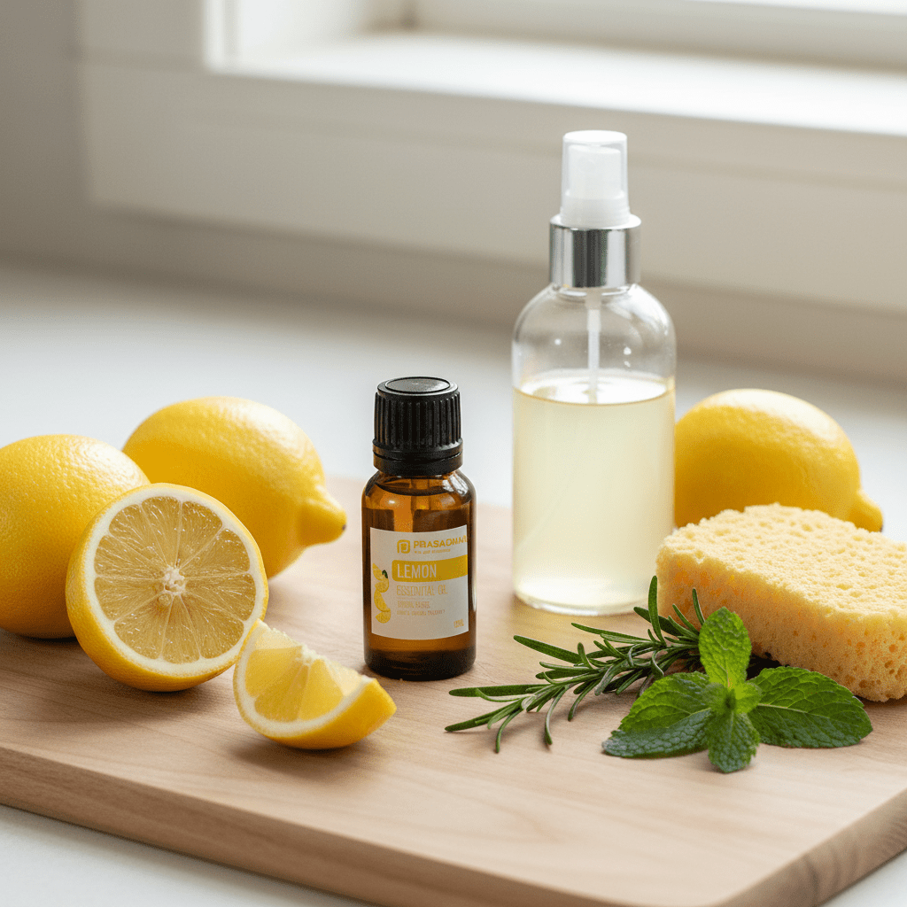 A small amber essential oil bottle labeled lemon, a clear spray bottle with pale yellow liquid, lemons, a sponge, rosemary sprigs, and mint leaves arranged on a wooden board near a window.