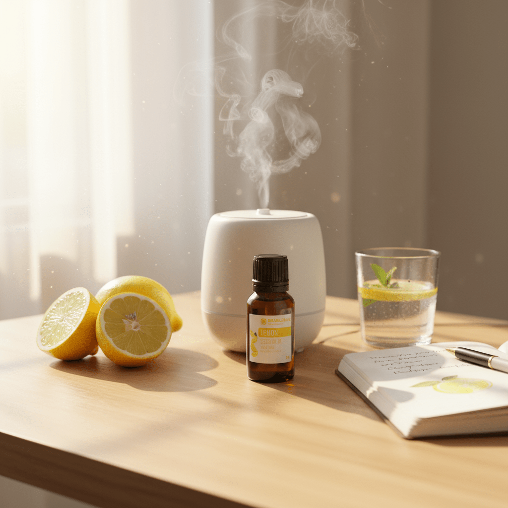 A white cylindrical diffuser sits on a wooden table with steam rising from it, styled with lemon halves, an amber prasadhak lemon essential oil bottle, a glass of water, and an open notebook in a softly lit room.