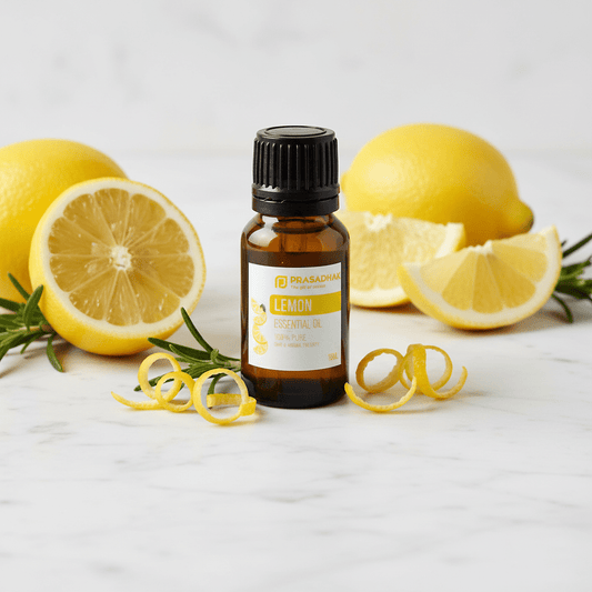 A bottle of Prasadhak Lemon Essential Oil centered on a light marble surface, surrounded by whole and sliced lemons, rosemary sprigs, and yellow citrus curls.