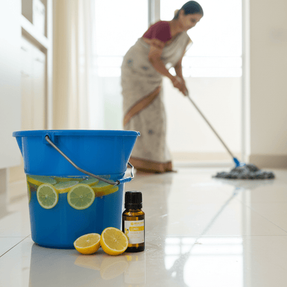 A blue bucket filled with water and lemon slices sits on a glossy tiled floor next to a small amber bottle, with a woman in a sari mopping the floor in the background.