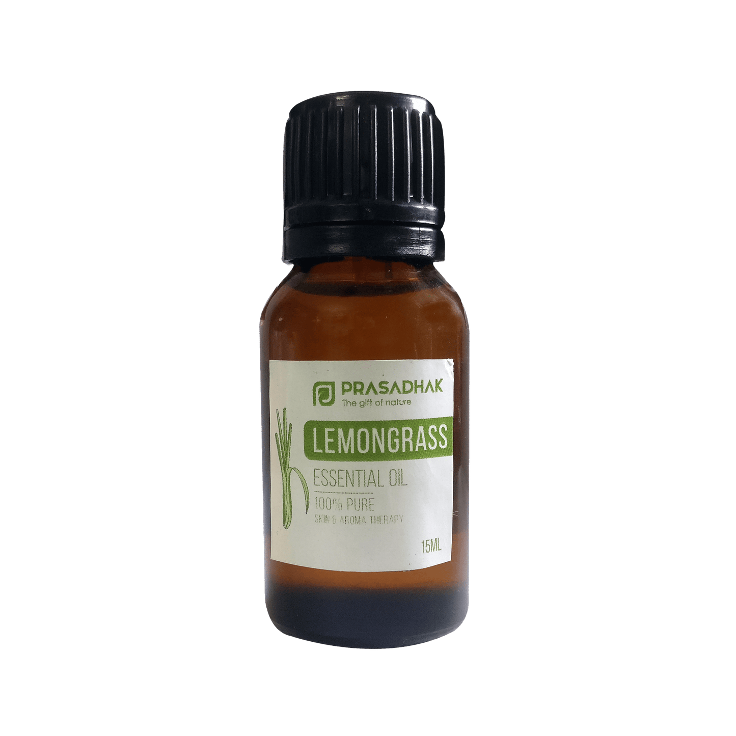 A 10ml amber glass bottle of Prasadhak Lemongrass Essential Oil with a black ribbed cap and a white label with green text, set against a plain white background.