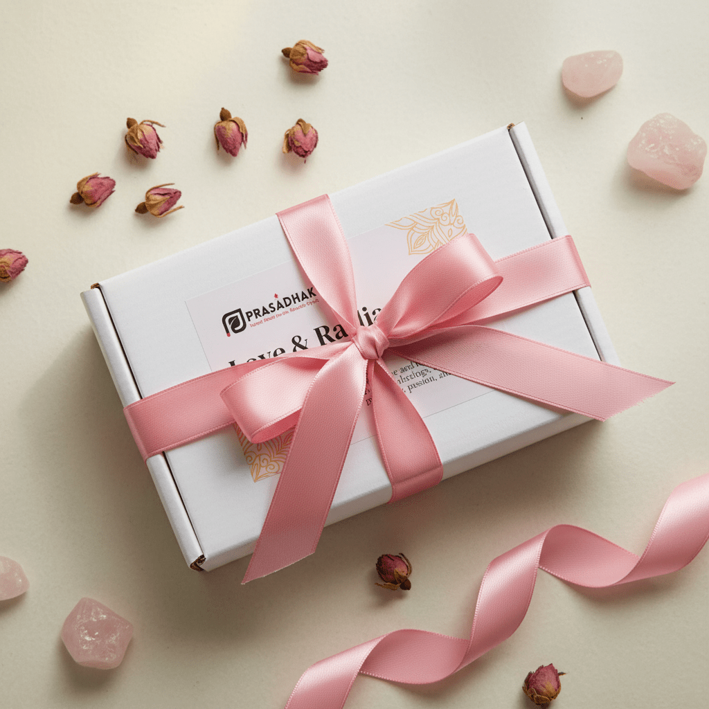 A white gift box wrapped with a wide pink satin ribbon and bow, placed on a light beige surface with the box brand Prasadhak.