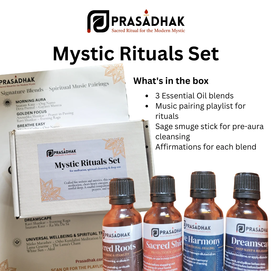 Mystic Rituals Set: four amber essential oil bottles with black caps beside a white box and orange mandala flyer.
