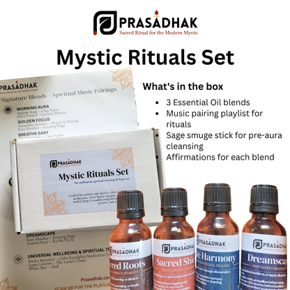 Mystic Rituals Set: four amber essential oil bottles with black caps beside a white box and orange mandala flyer.