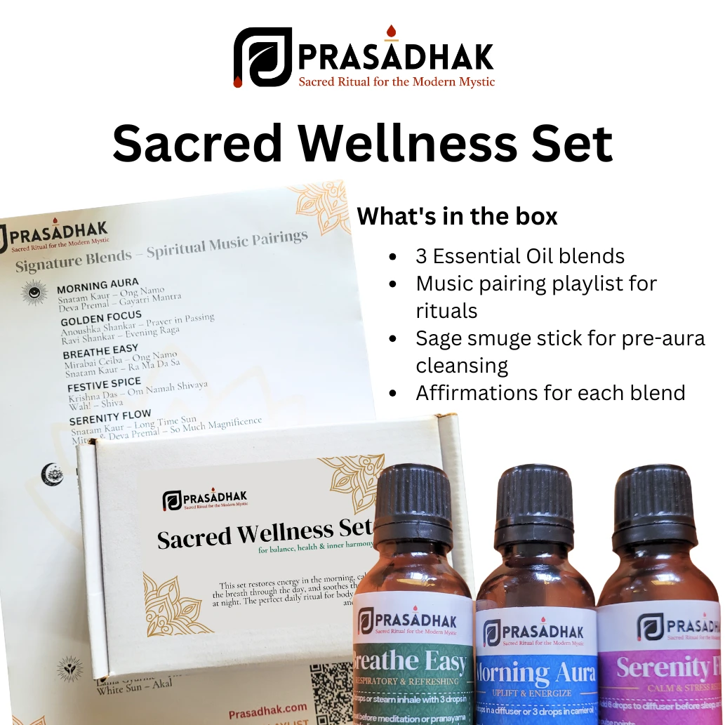 Prasadhak Sacred Wellness Set: white box, booklet, and three oil bottles labeled Breathe Easy, Morning Aura, Serenity.