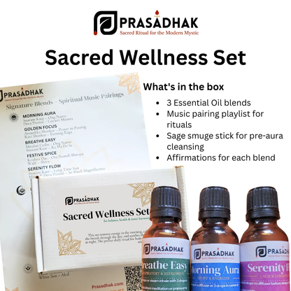 Prasadhak Sacred Wellness Set: white box, booklet, and three oil bottles labeled Breathe Easy, Morning Aura, Serenity.