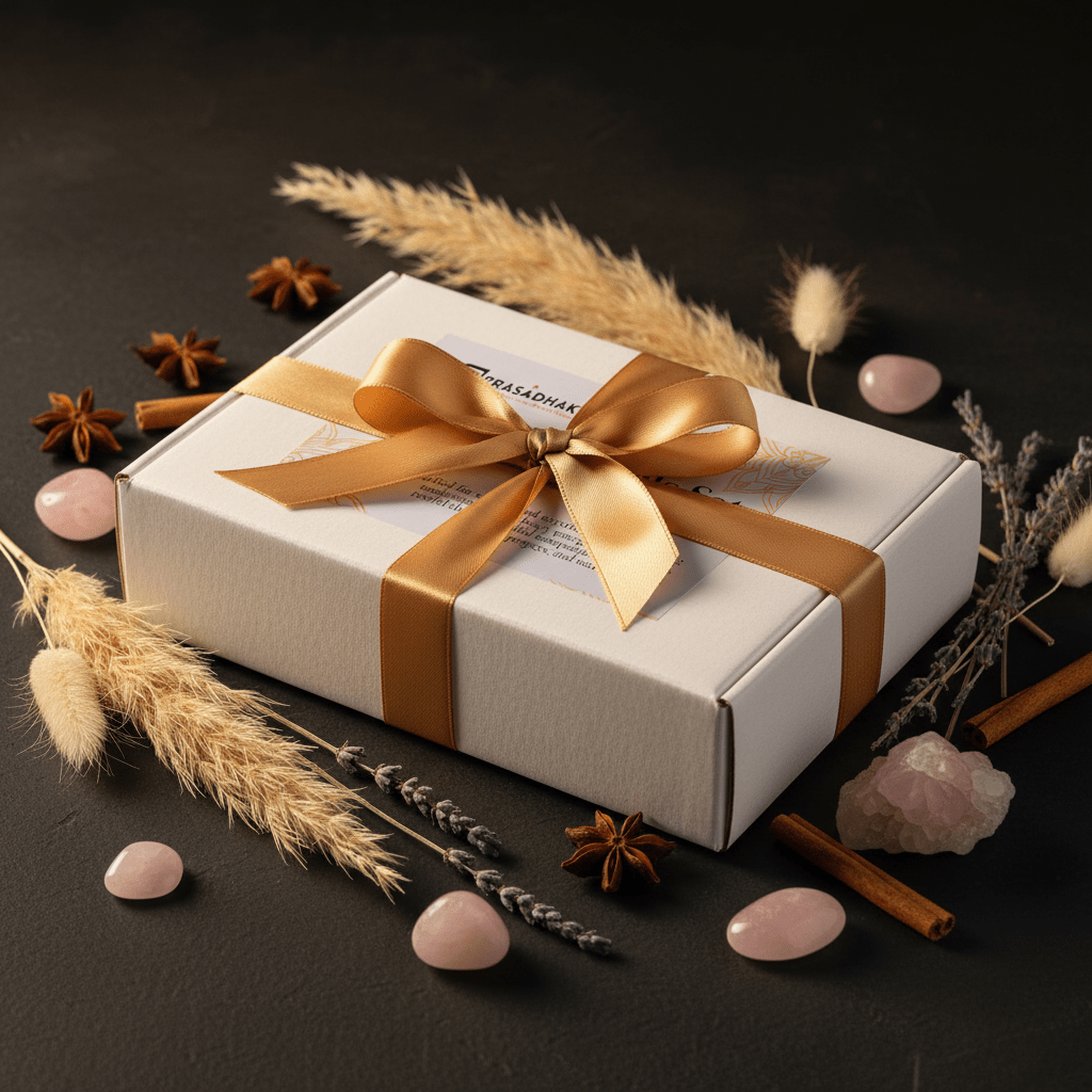 A white Prasadhak gift box wrapped with a metallic gold ribbon and bow, styled on a dark background