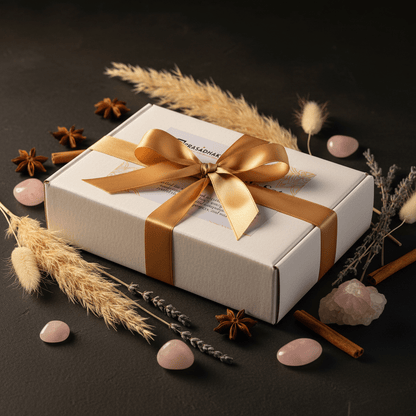 A white Prasadhak gift box wrapped with a metallic gold ribbon and bow, styled on a dark background