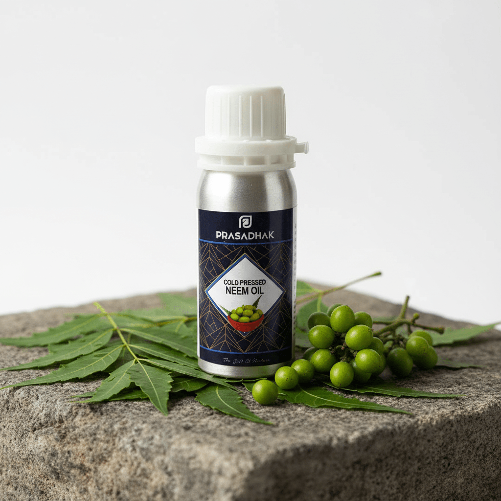 A bottle of Prasadhak Cold-Pressed Neem Oil placed on a stone surface with neem leaves and green berries around it, against a clean white background.