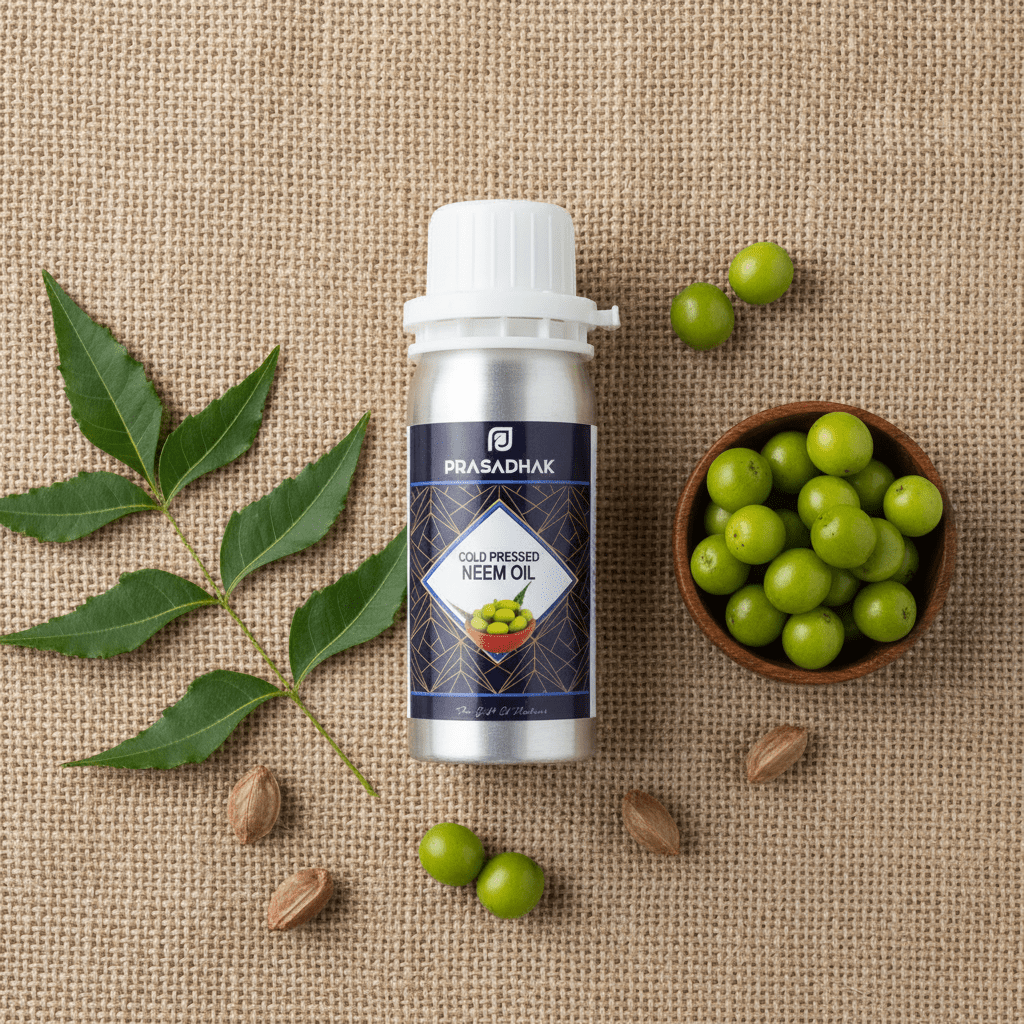 A bottle of Prasadhak Gold Purity cold pressed Neem Oil centered on a burlap background, surrounded by neem leaves, neem seeds, and a small bowl of green neem fruits.