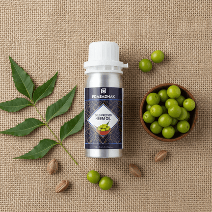 A bottle of Prasadhak Gold Purity cold pressed Neem Oil centered on a burlap background, surrounded by neem leaves, neem seeds, and a small bowl of green neem fruits.