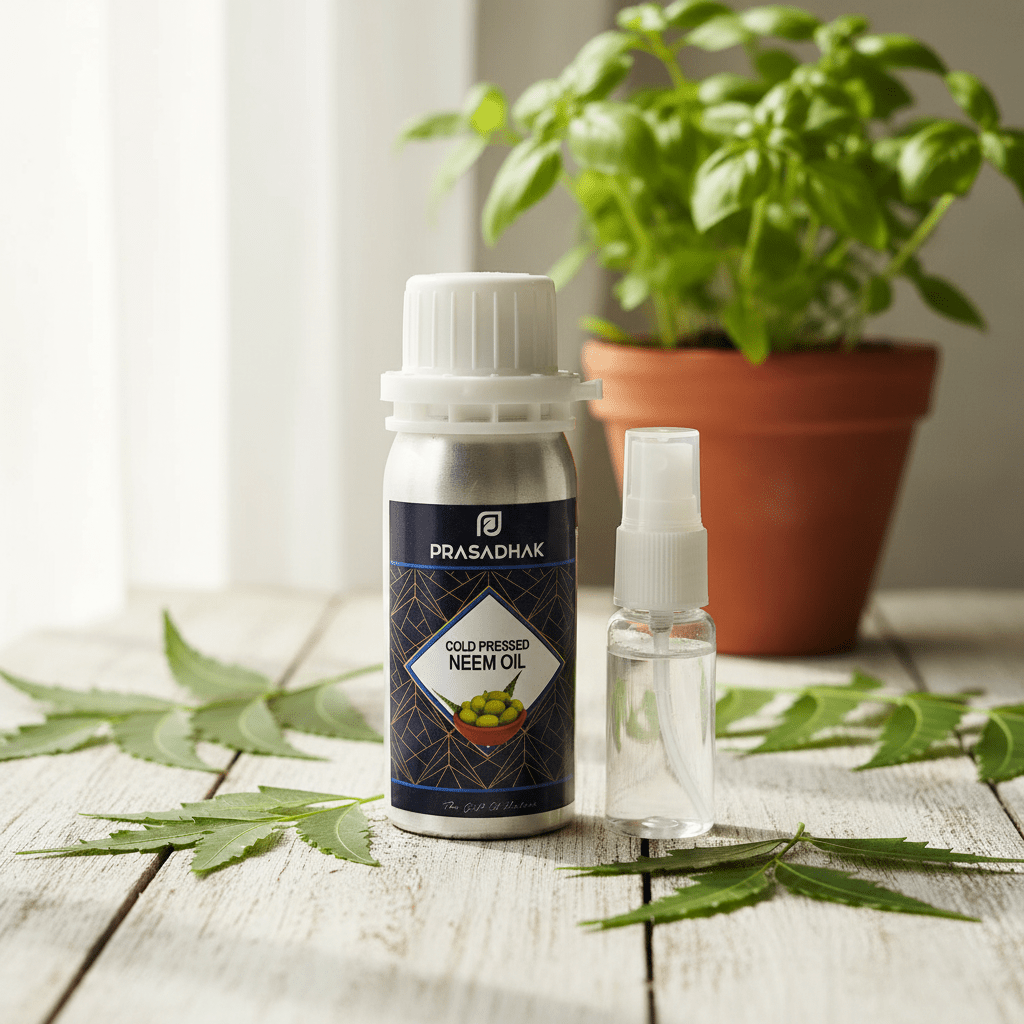 A bottle of Prasadhak Cold pressed Neem Oil and a small spray bottle displayed on a rustic wooden table with green neem leaves and a potted basil plant in the background.