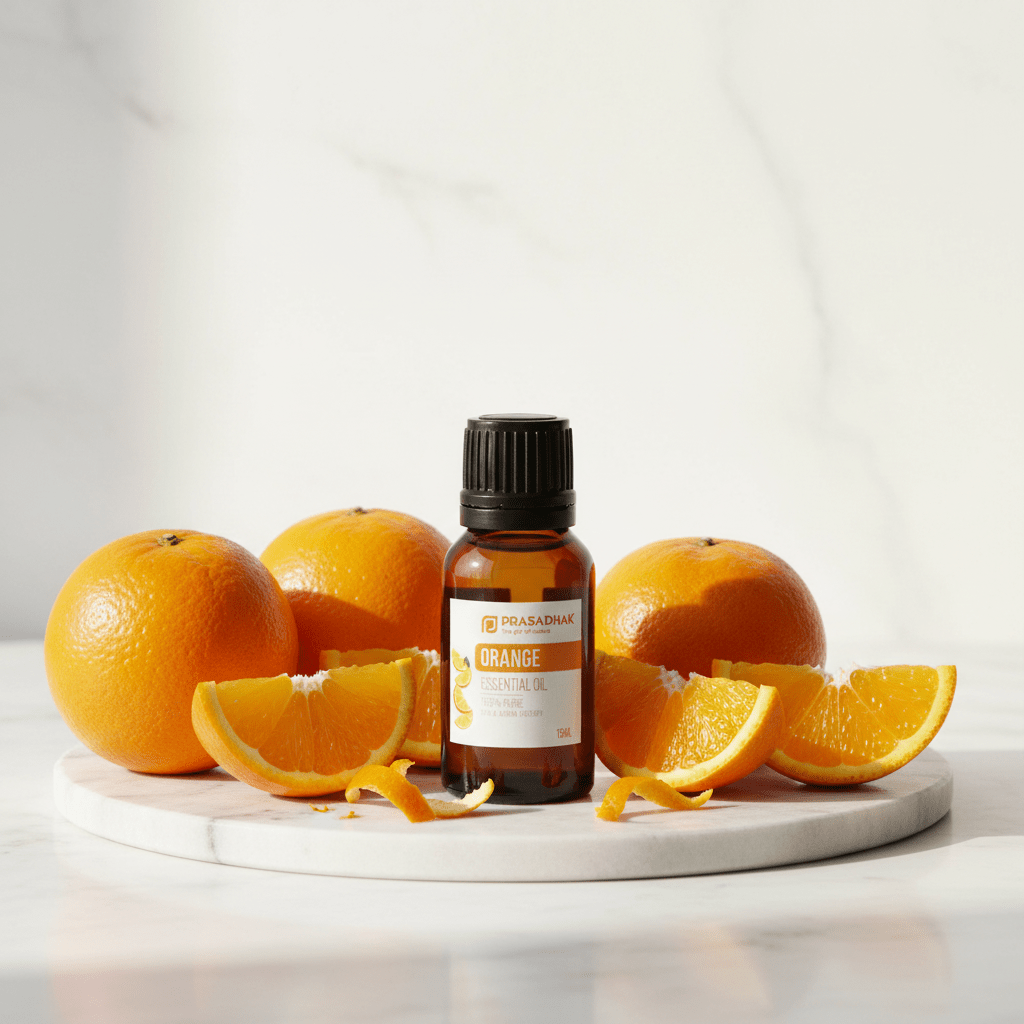 A small amber glass bottle labeled Prasadhak ORANGE essential oil stands on a round white marble tray, surrounded by whole oranges and orange slices on a light marble surface against a soft white marble background.