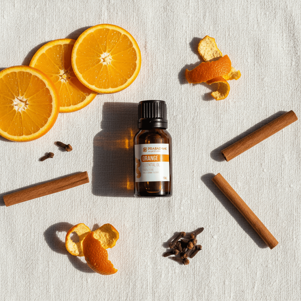 A small amber glass bottle labeled Prasadhak ORANGE essential oil with a black cap sits on a light fabric surface, surrounded by orange slices, orange peels, cinnamon sticks, and cloves in a styled flat-lay arrangement.