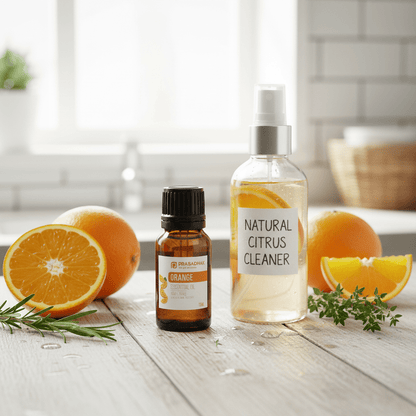 A small amber bottle labeled ORANGE and a clear spray bottle labeled NATURAL CITRUS CLEANER are arranged on a light wood surface with whole and sliced oranges, rosemary, and thyme in a bright kitchen setting.