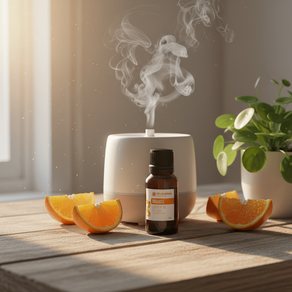 A small amber essential oil bottle labeled 'Prasadhak ORANGE essential oil' stands in front of a white diffuser with mist rising, set on a wooden table with orange slices and a potted plant in a softly lit room.