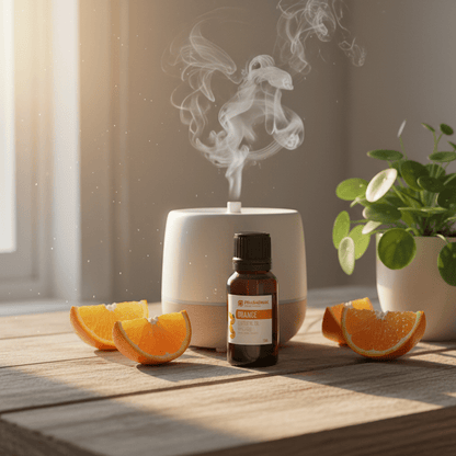 A small amber essential oil bottle labeled 'Prasadhak ORANGE essential oil' stands in front of a white diffuser with mist rising, set on a wooden table with orange slices and a potted plant in a softly lit room.