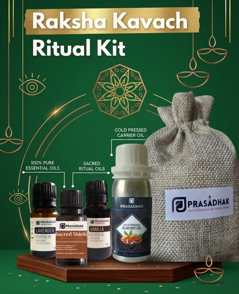 Prasadhak Raksha Kavach Ritual Kit close-up - natural essential oil rakhi gift