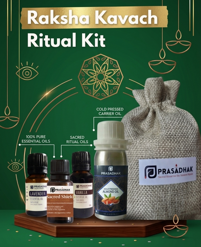Prasadhak Raksha Kavach Ritual Kit close-up - natural essential oil rakhi gift