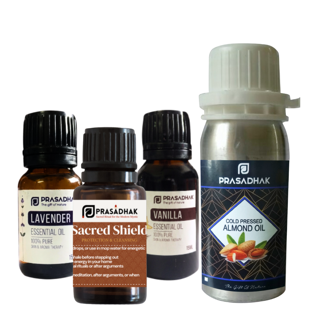 Prasadhak Raksha Kavach Ritual Kit - Lavender, Vanilla, Almond Oil and Sacred Shield gift set for Raksha Bandhan
