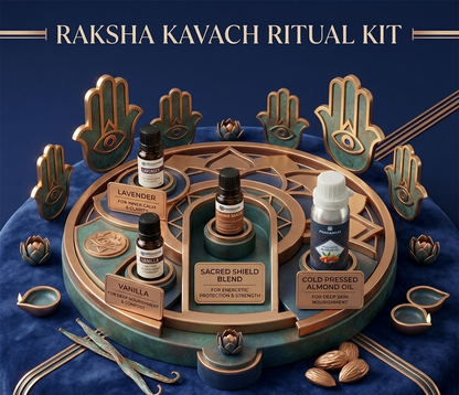 Prasadhak Raksha Kavach Ritual Kit informative ad - Lavender, Vanilla, Sacred Shield, Almond Oil benefits