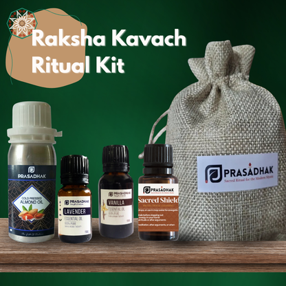 Prasadhak Raksha Kavach Ritual Kit bottles in jute pouch - Raksha Bandhan gift set