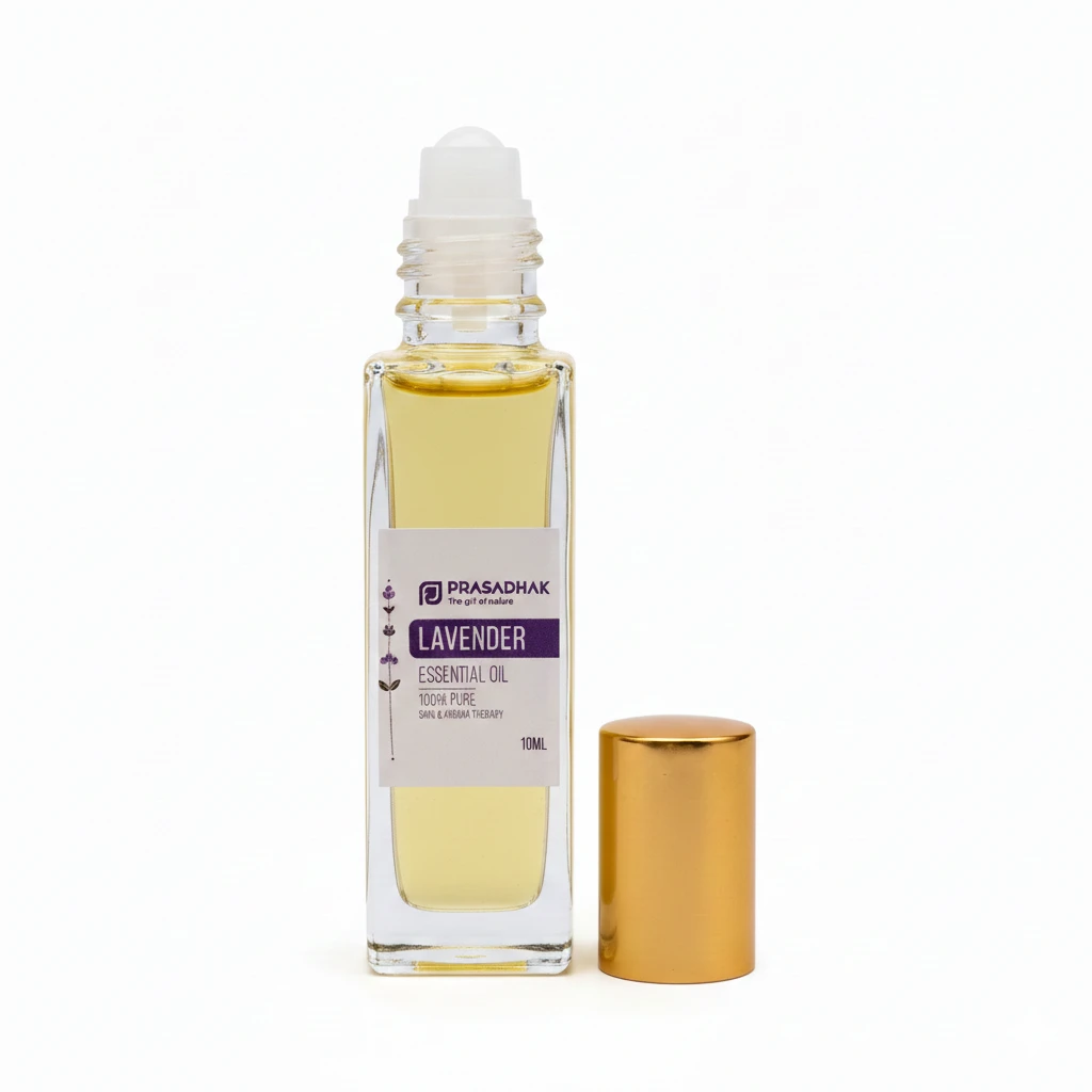 Tall square clear glass bottle with a white roller top, pale yellow lavender essential oil; gold cap lying beside it.