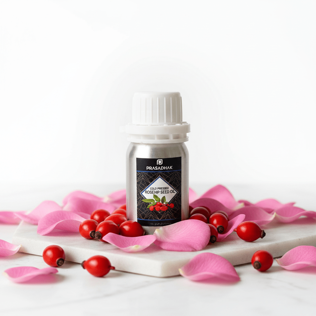 A small bottle of Prasadhak Rosehip Oil stands on a white marble slab surrounded by pink rose petals and red berries, against a clean white background.