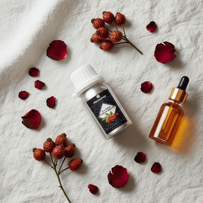 A flat-lay of a small silver bottle labeled 'prasadhak Rosehip oil' next to an amber glass dropper bottle, surrounded by dried rosehips, red rose petals, and a white textured fabric background.
