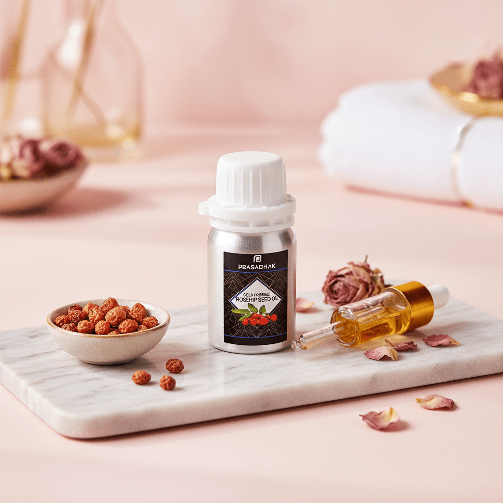 A small silver bottle with a white cap and a gold dropper bottle labeled prasadhak rosehip seed oil, arranged on a white marble tray with dried flowers, rose petals, and small brown capsules against a soft pink background.