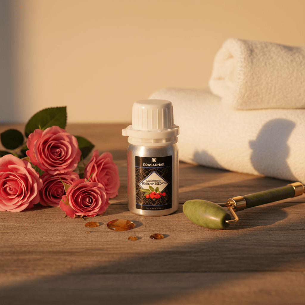 A small silver bottle of rosehip oil with a white cap stands on a wooden surface, surrounded by pink roses, a green jade roller, and rolled white towels in warm golden light.
