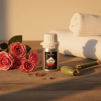 A small silver bottle of rosehip oil with a white cap stands on a wooden surface, surrounded by pink roses, a green jade roller, and rolled white towels in warm golden light.