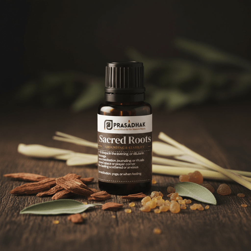 PRASADHAK Sacred Roots essential oil, styled on a dark wooden surface with bay leaves, cinnamon, and lemongrass.