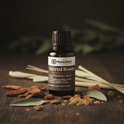 PRASADHAK Sacred Roots essential oil, styled on a dark wooden surface with bay leaves, cinnamon, and lemongrass.