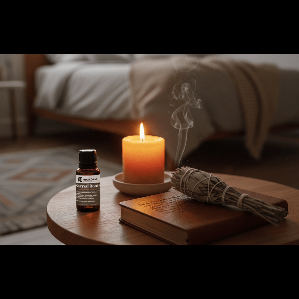 Sacred Roots sits on a round wooden table beside a lit orange candle, a smudging bundle in a softly blurred bedroom setting.