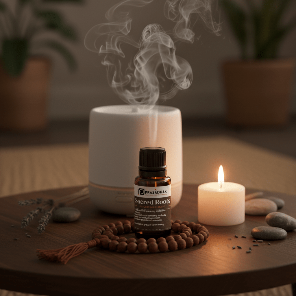 'SACRED ROOTS' by 'Prasadhak' sits on a round wooden tray beside a white diffuser emitting smoke