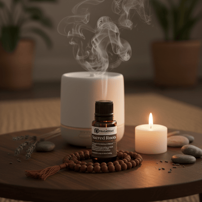 'SACRED ROOTS' by 'Prasadhak' sits on a round wooden tray beside a white diffuser emitting smoke