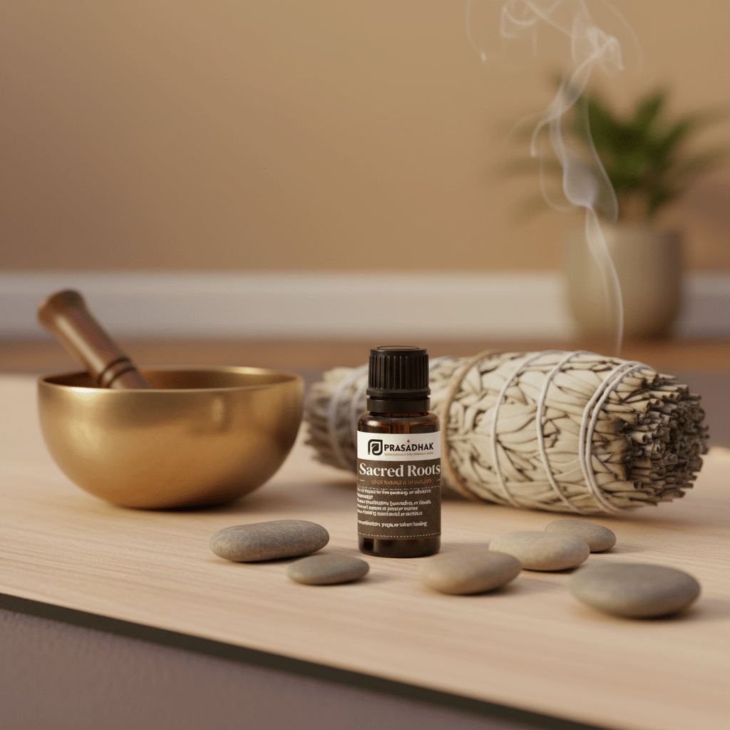 A small amber bottle labeled 'Prasadhak Sacred Roots' sits on a light wood surface with a brass bowl