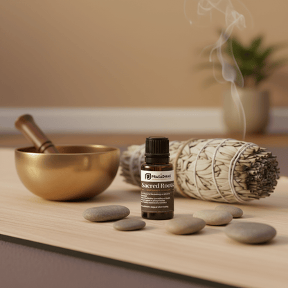 A small amber bottle labeled 'Prasadhak Sacred Roots' sits on a light wood surface with a brass bowl