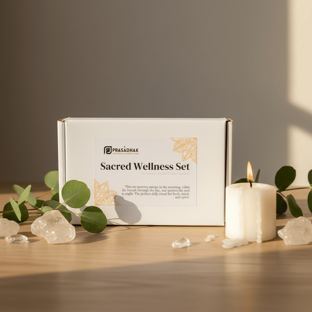 Sacred Wellness box on wood with eucalyptus and candle