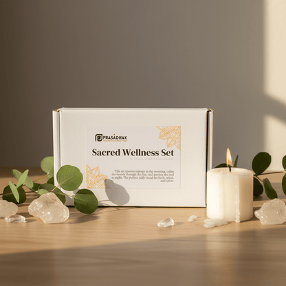 Sacred Wellness box on wood with eucalyptus and candle