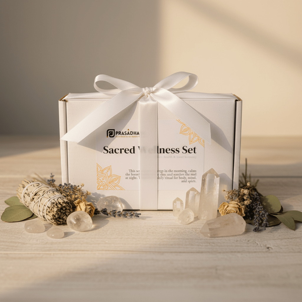 Sacred Wellness box with white ribbon in sunlight