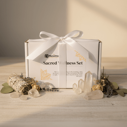 Sacred Wellness box with white ribbon in sunlight