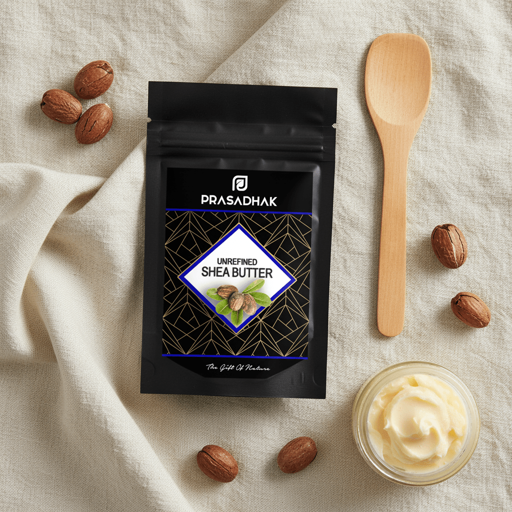 A black stand-up pouch of Prasadhak Unrefined Shea Butter is arranged on a beige linen surface with scattered almonds, a wooden spoon, and a small glass jar of pale yellow shea butter cream.