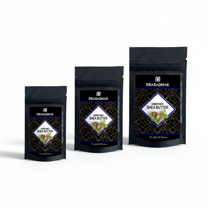 Three stand-up pouches of Prasadhak Unsweetened Shea Butter in varying sizes, arranged from smallest to largest on a clean white background.