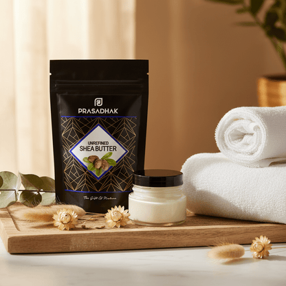 A black stand-up pouch of Prasadhak Unscented Shea Butter sits on a wooden tray beside a small glass jar of cream and rolled white towels, with soft warm lighting and decorative dried flowers.