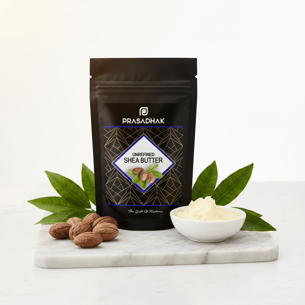 A black stand-up pouch of Prasadhak Unrefined Shea Butter stands on a white marble board with green leaves, nuts, and a small white bowl of pale cream-colored shea butter against a clean white background.