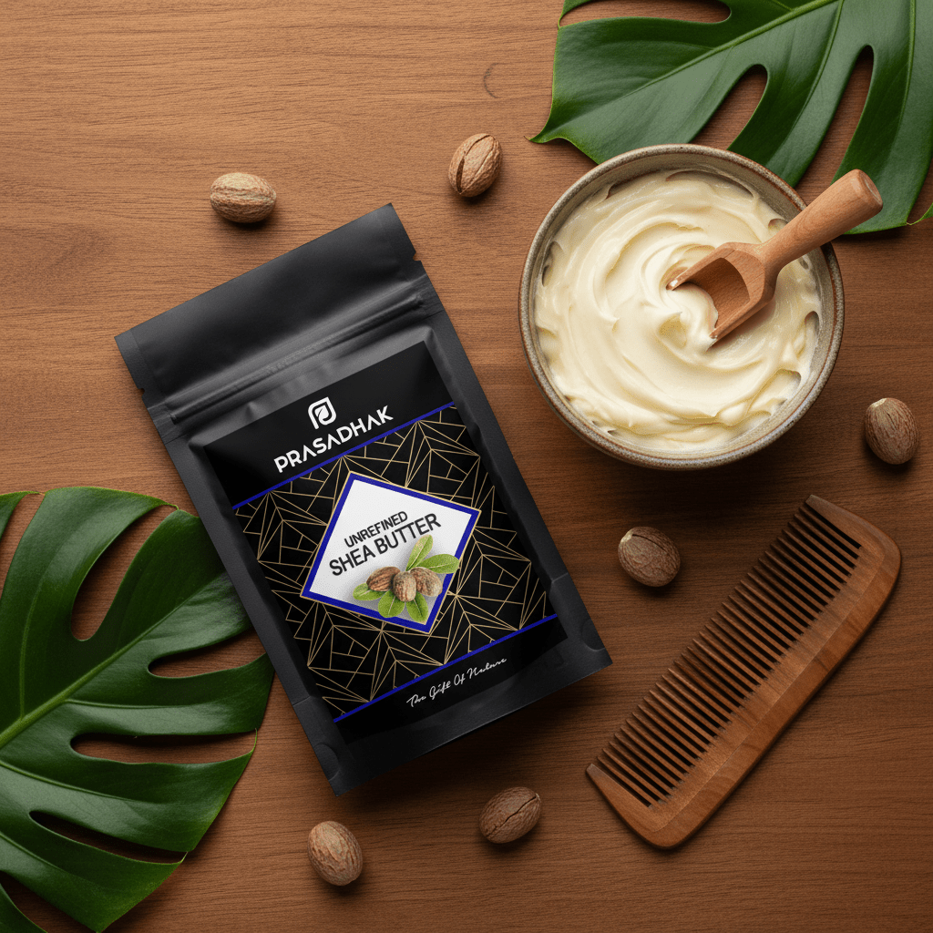 A black stand-up pouch of Prasadhak Shea Butter is arranged on a wooden surface with a bowl of pale cream shea butter, a wooden spoon, scattered shea nuts, and tropical leaves. A wooden comb also appears in the scene.