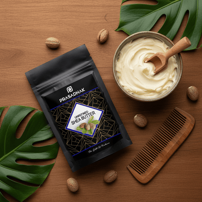 A black stand-up pouch of Prasadhak Shea Butter is arranged on a wooden surface with a bowl of pale cream shea butter, a wooden spoon, scattered shea nuts, and tropical leaves. A wooden comb also appears in the scene.